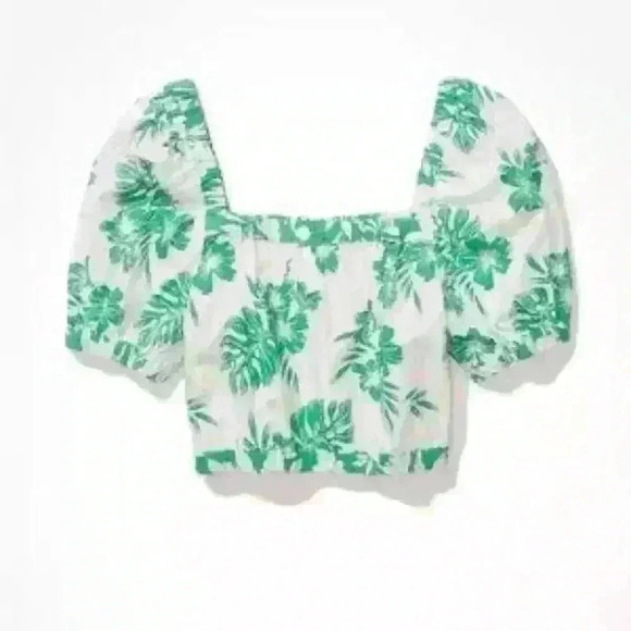 American Eagle Tropical Leaf Print Puff Sleeve Crop Top sz small - Picture 2 of 10